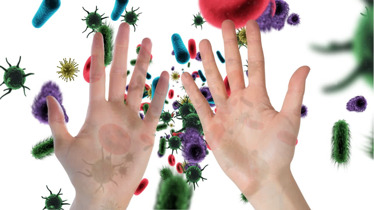 manos contra las células sanguíneas y las células bacterianas en el torrente sanguíneo 4k