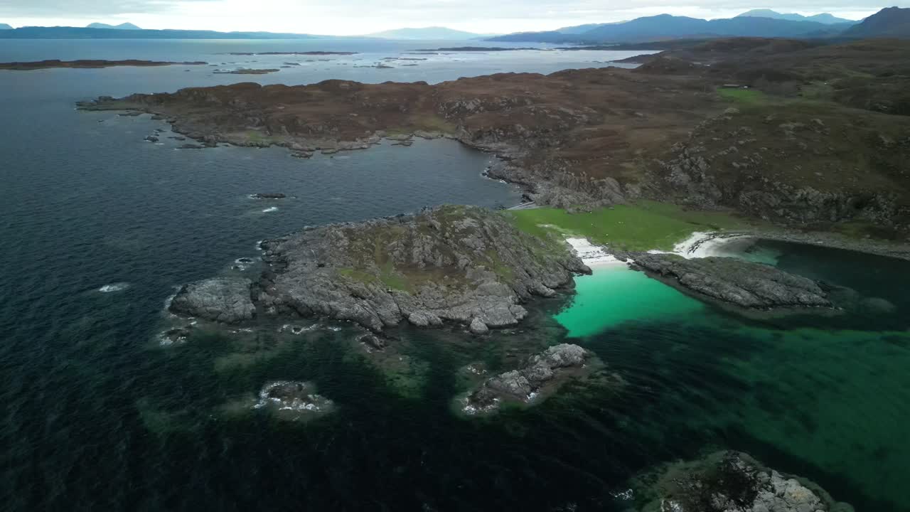 Aerial drone view of Arisaig sandy beaches, Scotland