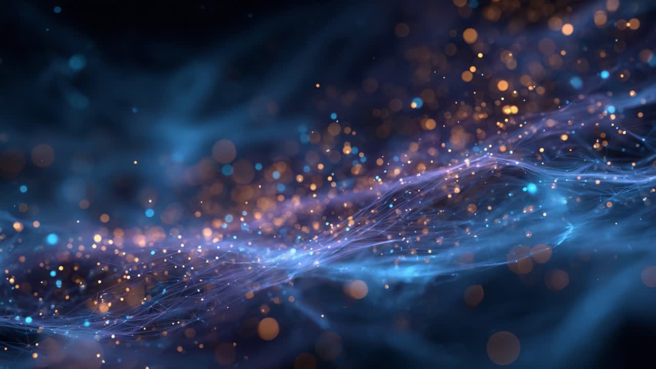 A mesmerizing display of vibrant particles and swirling energy forms an ethereal landscape, blending shades of blue and gold to create a sense of motion and depth within a dynamic cosmic environment