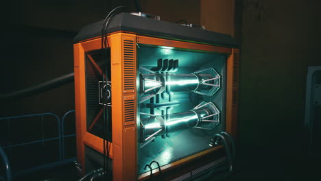 laboratorio futurista con tecnología de energía avanzada y componentes brillantes