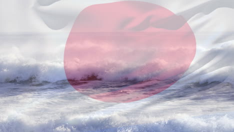 animación de la bandera de japón soplando sobre las olas en el mar