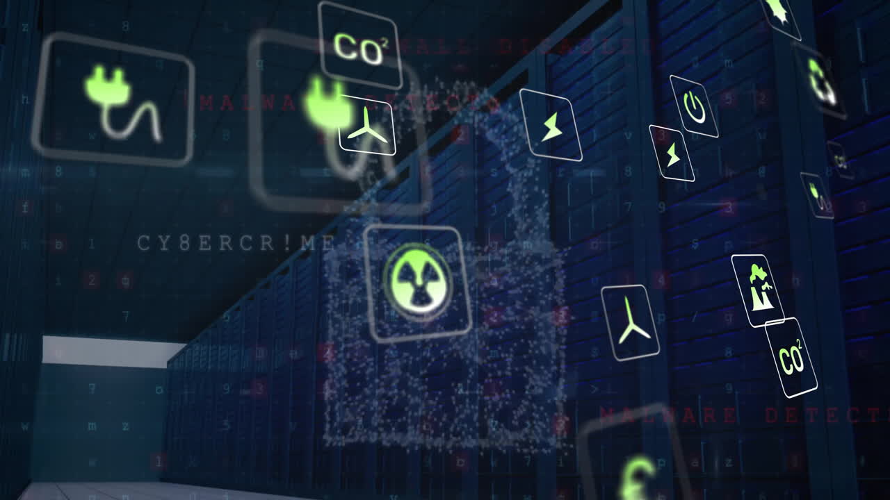 animación de iconos ecológicos y procesamiento de datos a través de servidores informáticos.
