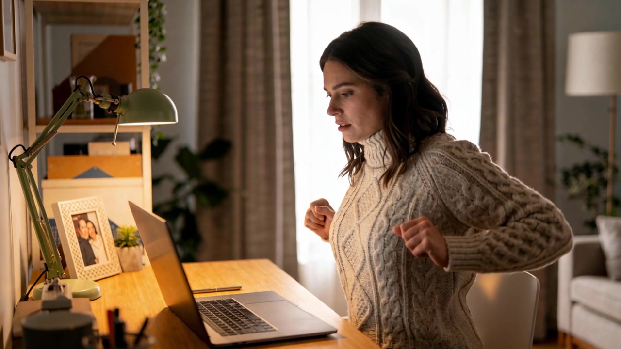 Pressing lower back, woman in turtleneck sweater stretching at home desk relieving tension, laptop