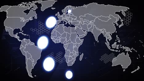 world map with glowing points, global network connections animation