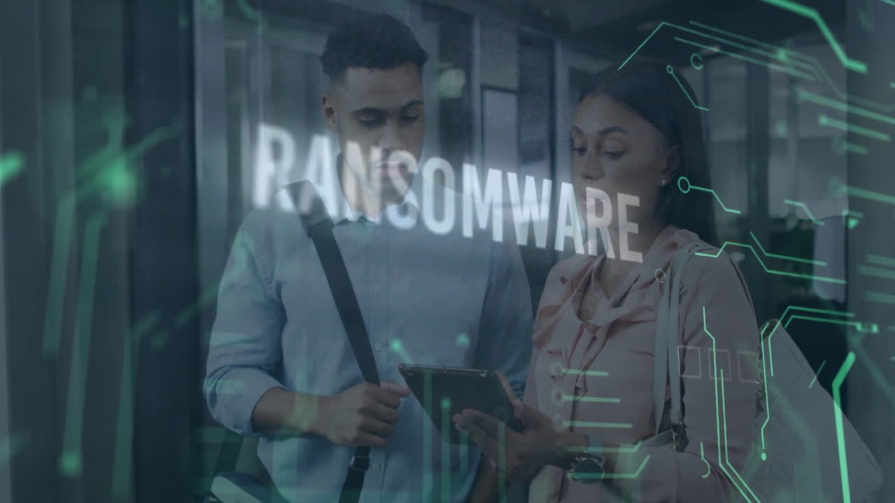 Ransomware text animation over two people discussing information on tablet