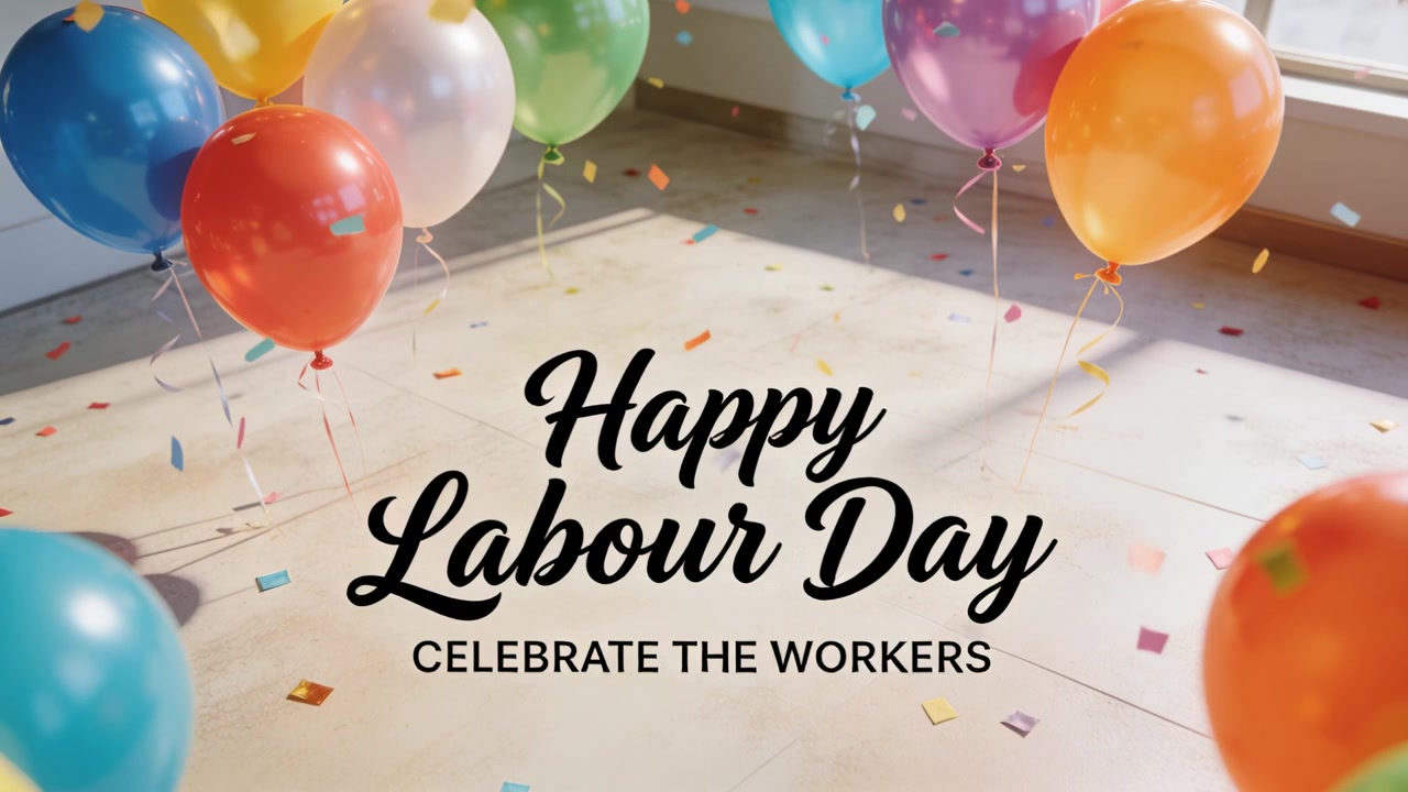 Bursting confetti drifting in sunlit room, Happy Labour Day text holding focus with balloons