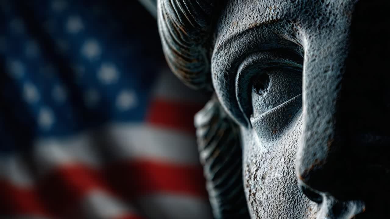 A Close-Up Reflection on Freedom: The Statue of Liberty Surrounded by the Stars and Stripes, Capturing the Essence of National Identity and Heritage