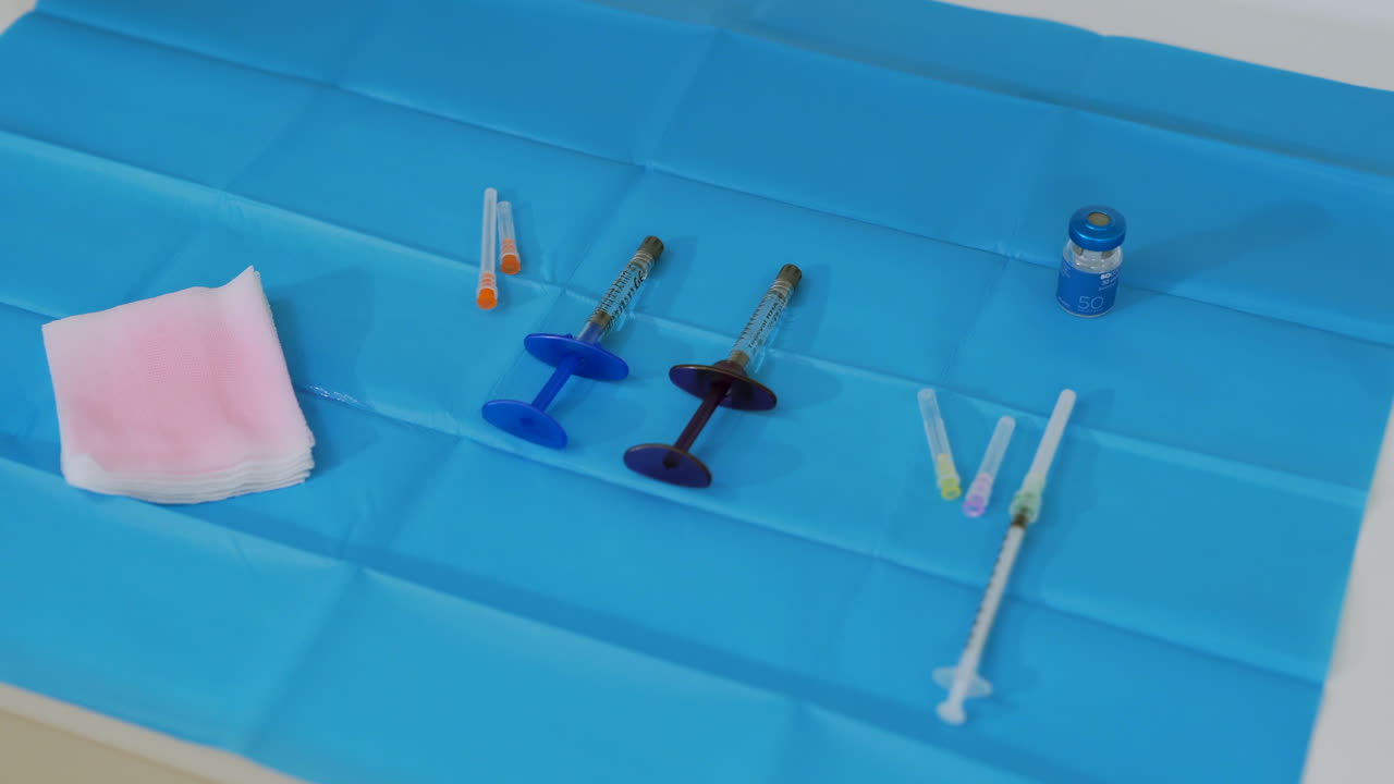 jeringas y agujas estériles en la mesa para rellenos faciales como el aumento de los labios y el rellenado de las arrugas superiores faciales