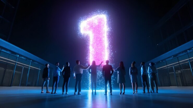 Una celebrazione dinamica dei successi: svelare il significato delle pietre miliari con una straordinaria illuminazione che mostra il numero uno in un ambiente professionale coinvolgente
