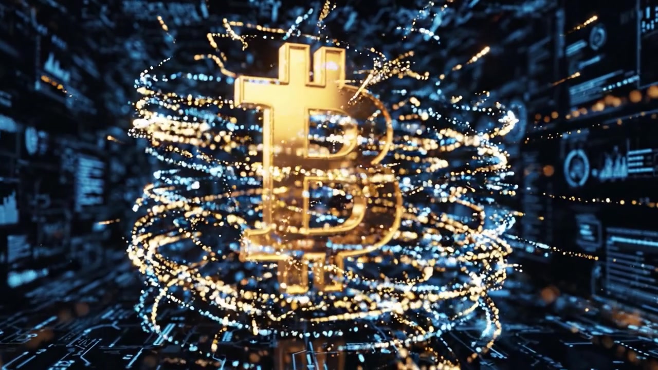 Simbolo Bitcoin Illuminato su uno sfondo di rete digitale, che sottolinea l'ascesa delle criptovalute nell'era tecnologica della finanza e dell'innovazione blockchain.
