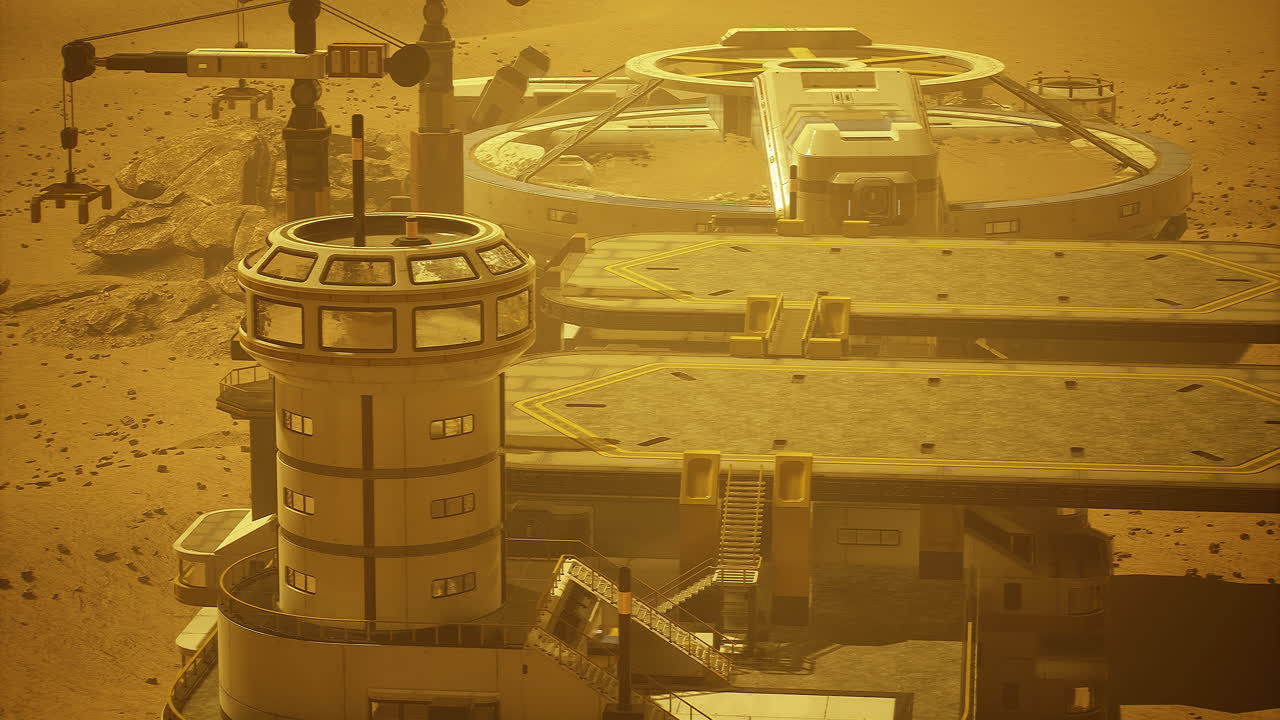Futuristic research facility on a distant planet during dust storm