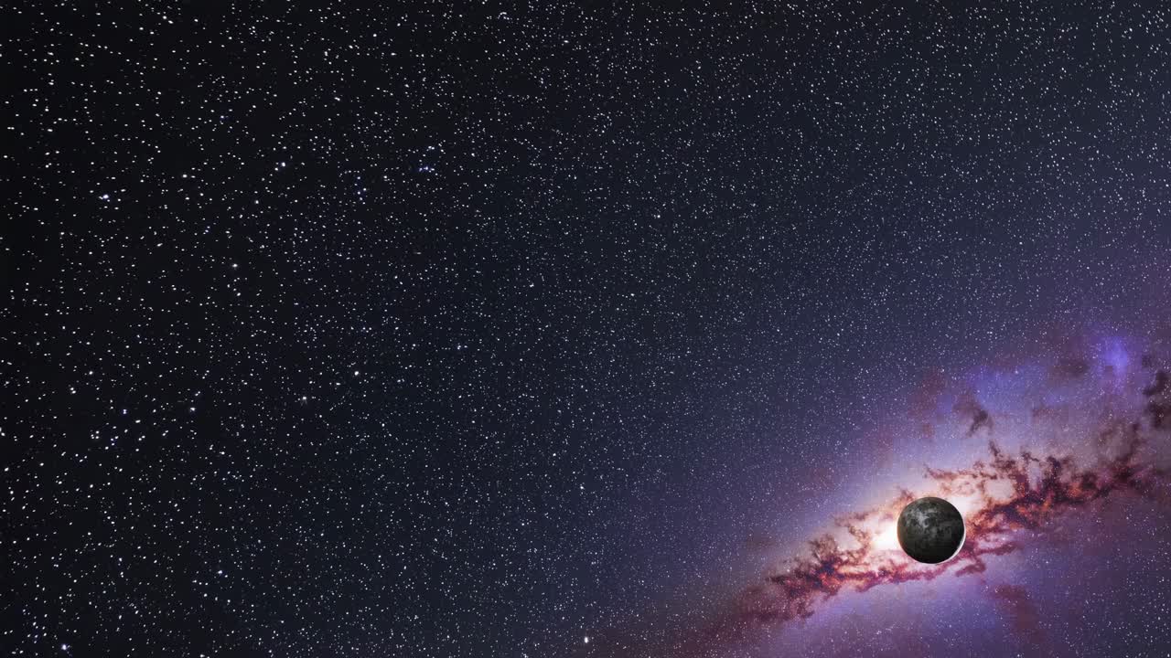 A wide-angle shot of a starry night sky with a distant planet and nebula, creating a cosmic video