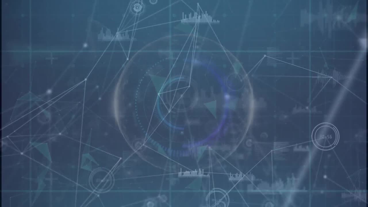 파란색 배경에 대한 둥근 스캐너를 통해 연결 네트워크와 데이터 처리의 애니메이션