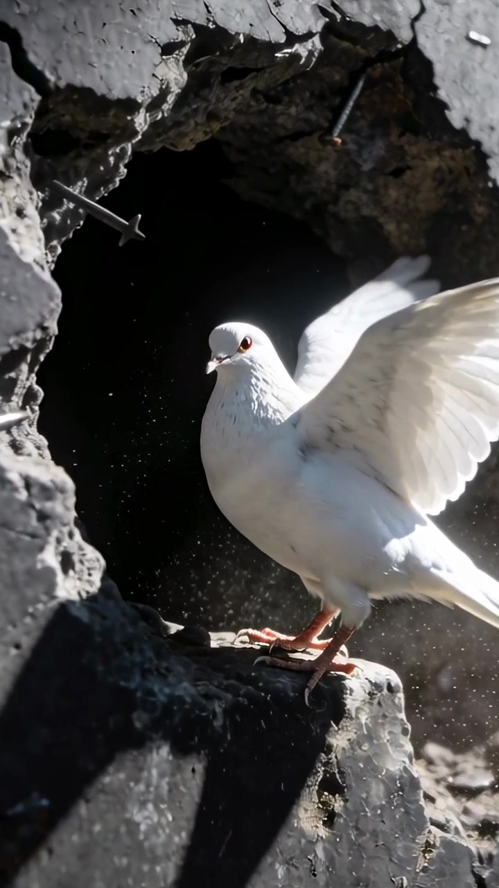 Vertical video: Landing white dove steadying on broken wall, pecking chip near nails, seeking food