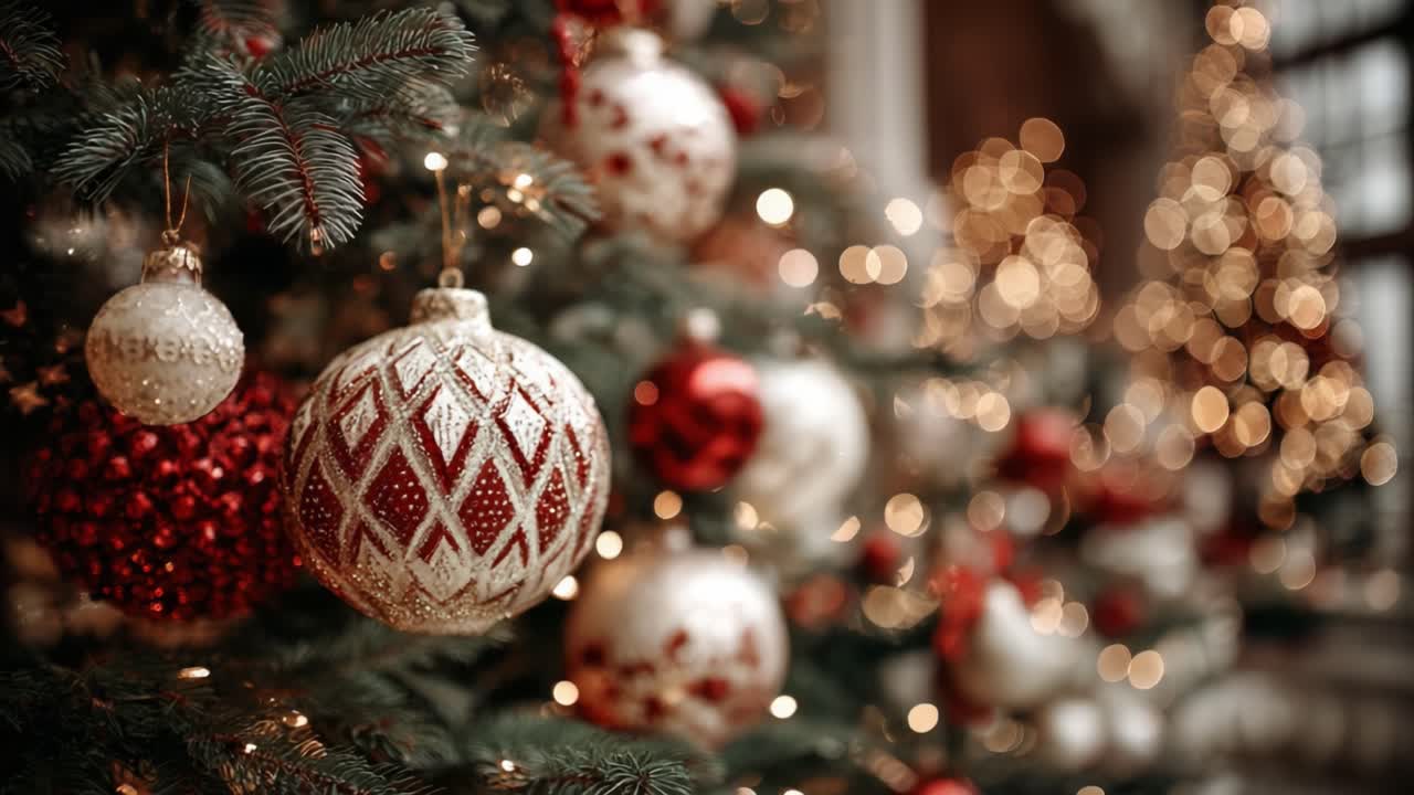 Un'esposizione festiva di decorazioni natalizie: incantevoli decorazioni rosse e dorate appese a un albero di Natale splendidamente addobbato tra luci scintillanti