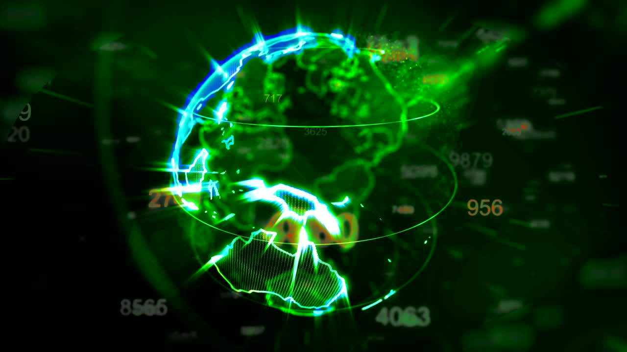 вращающаяся земля и летающие цифры - технологическая фоновая петля