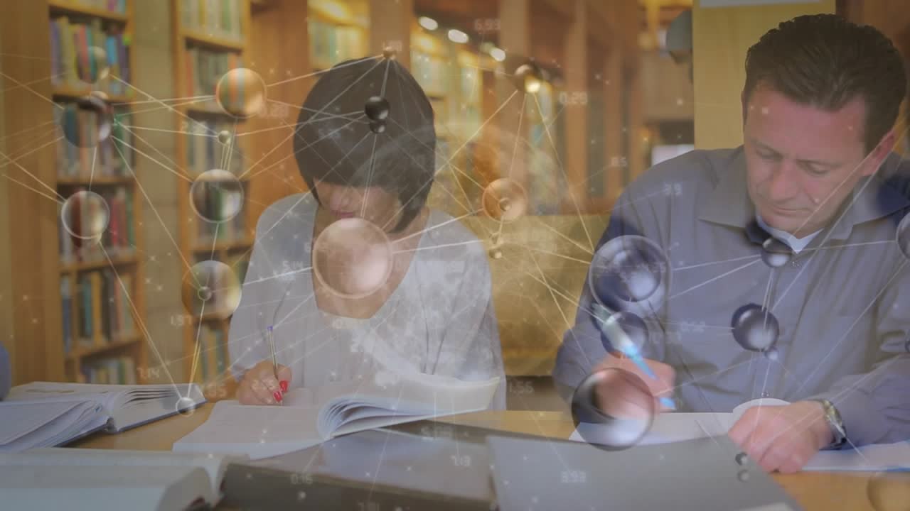 Woman and man writing notes in library observing 3D network drifting into view for research