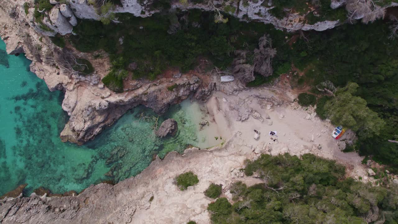 Top view of S'Almonia beach with turquoise blue water at Mallorca, aerial