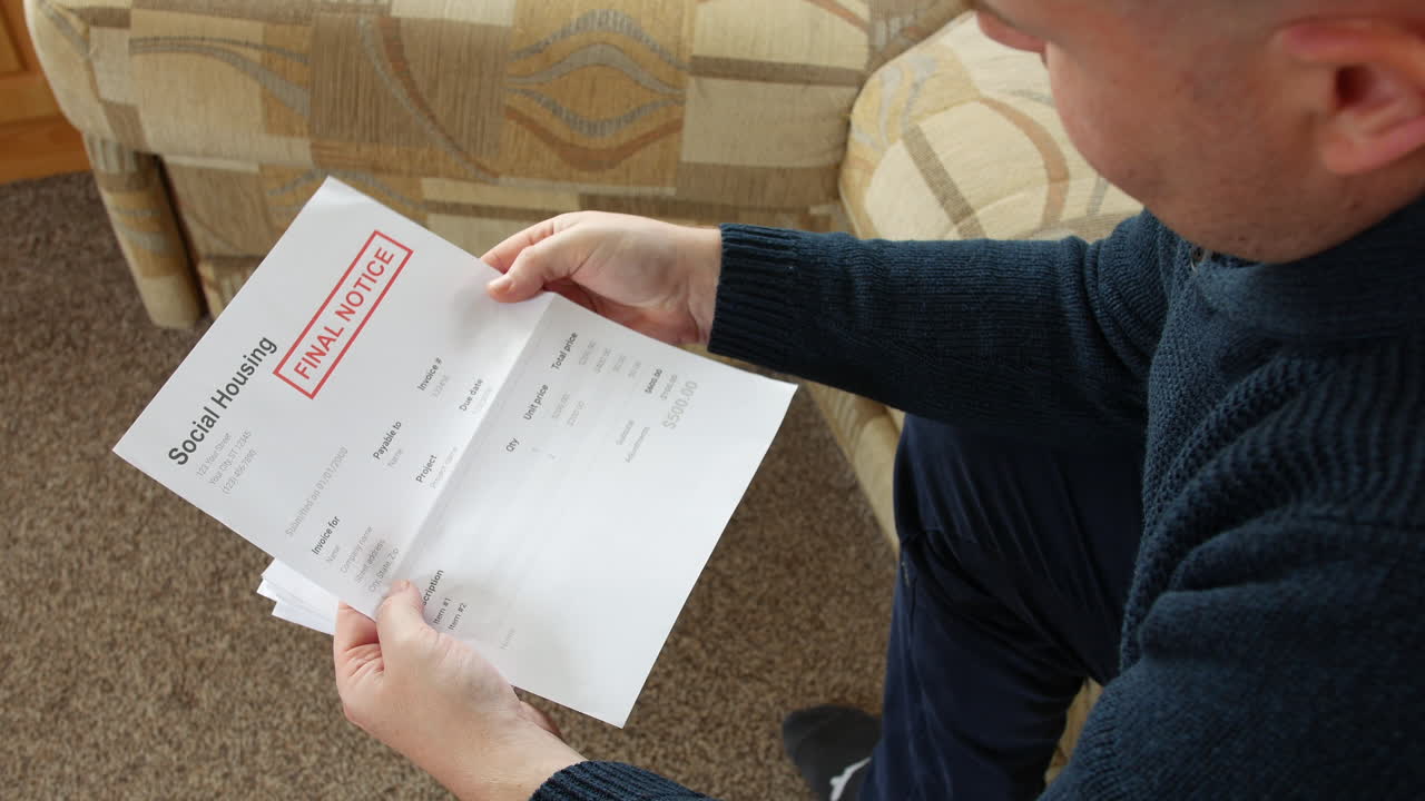 un hombre está abriendo una carta de deuda en casa
