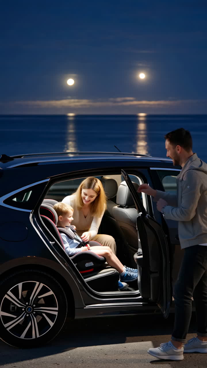 Family Securing Child in Car Seat at Night by the Sea