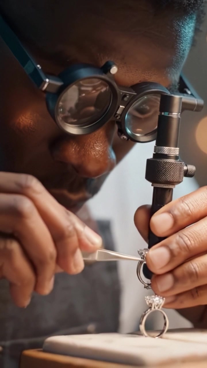A meticulous artisan expertly engages in precision jewelry craftsmanship, carefully inspecting and refining intricate designs for exceptional quality and brilliance.