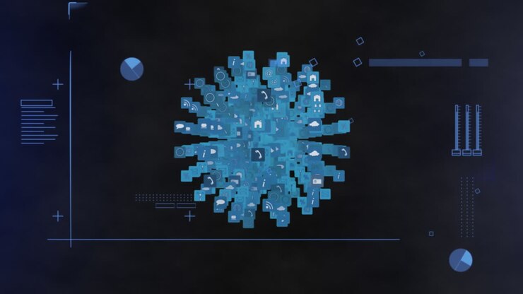 Animation of globe with icons spinning and data processing on blue background