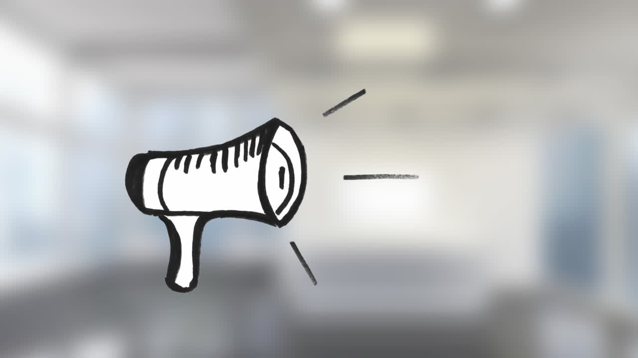 메가폰의 애니메이션 초점 밖의 사무실 공간