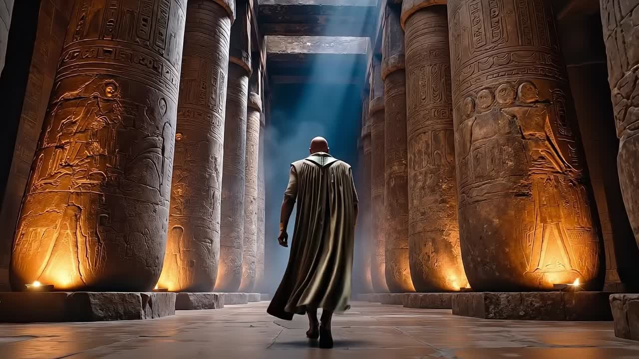A man in a long robe walking through an ancient temple