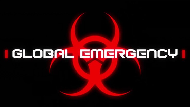 Animation of the word Global Emergency written over health hazard sign on black background