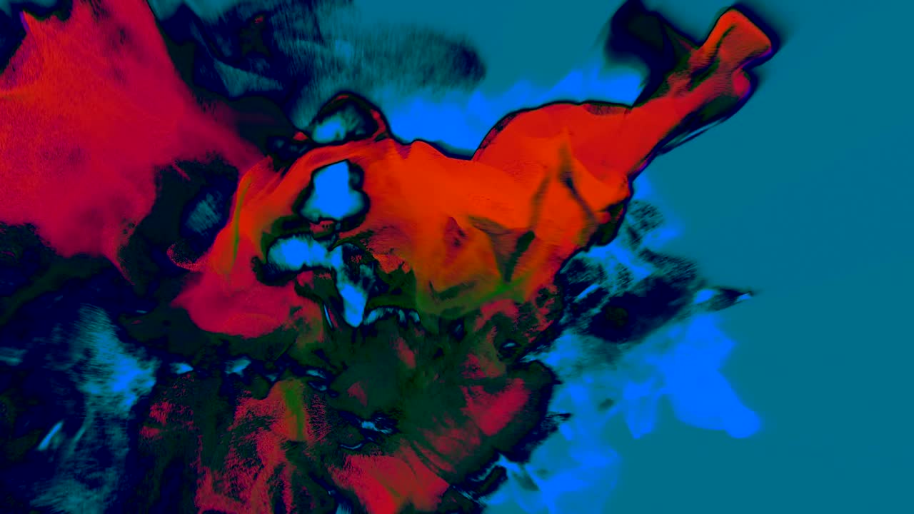 Red clouds of particles on blue, 3D animation, looping