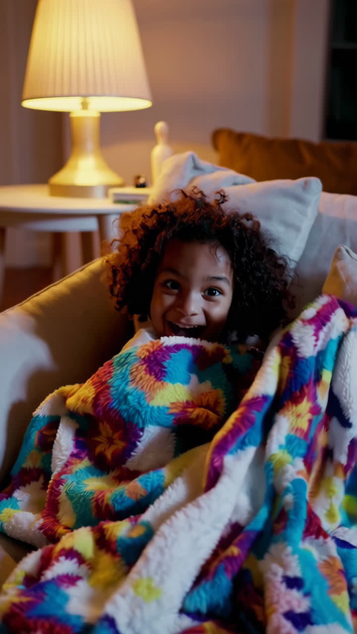 Bambina felice avvolta in una coperta accogliente a casa
