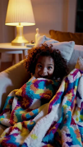 Happy Little Girl Wrapped in a Cozy Blanket at Home