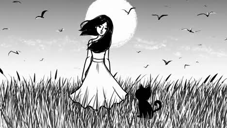 black and white drawing of a young woman in a dress standing in tall grass with her cat, enjoying a peaceful evening under a large moon, with birds flying in the sky