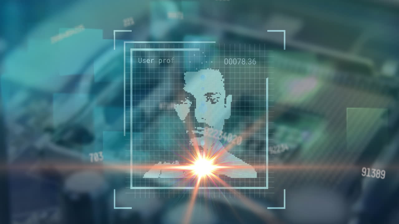 animación de punto de luz sobre múltiples iconos de perfil cambiantes y números contra el primer plano del servidor.