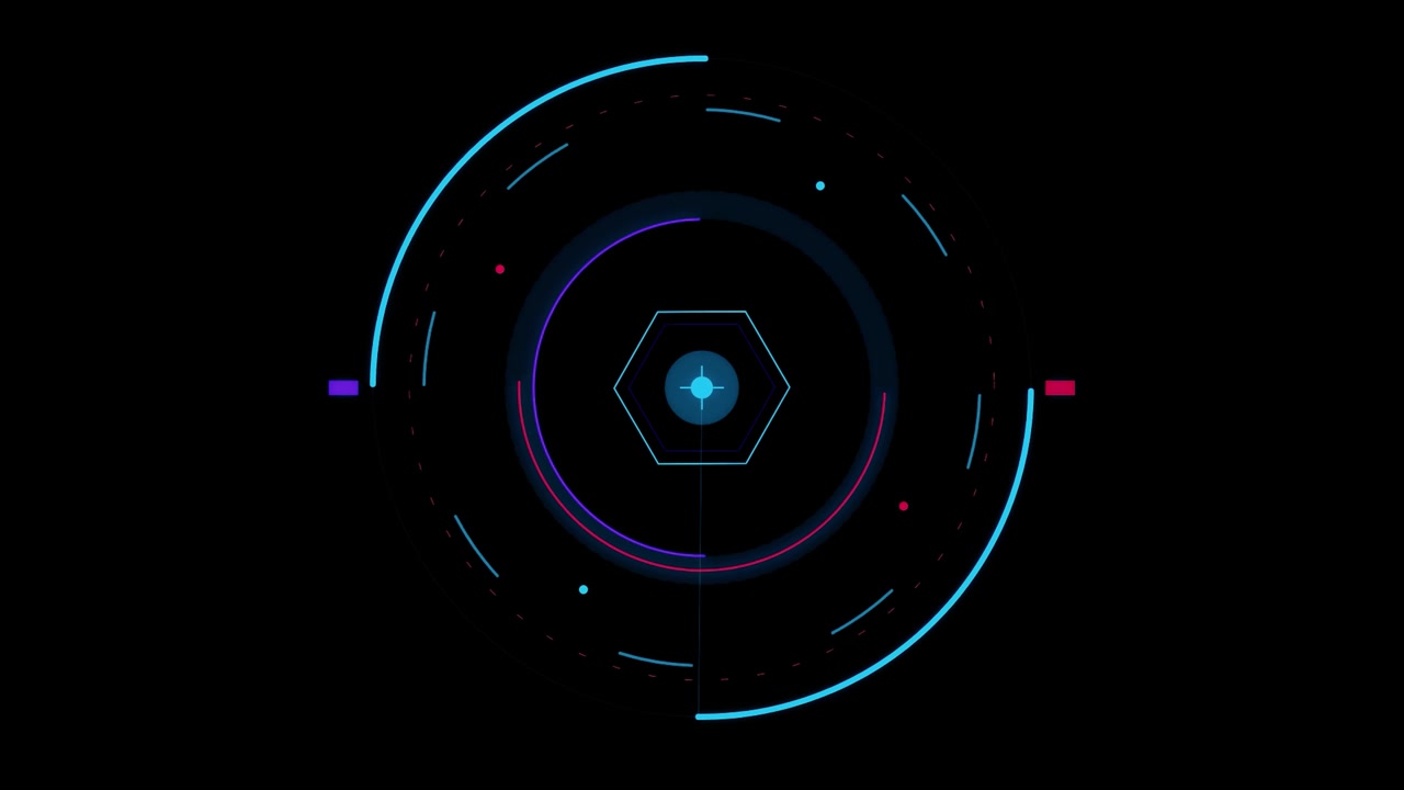 Futuristic Digital HUD Interface with Rotating Hexagon and Circular Scanners