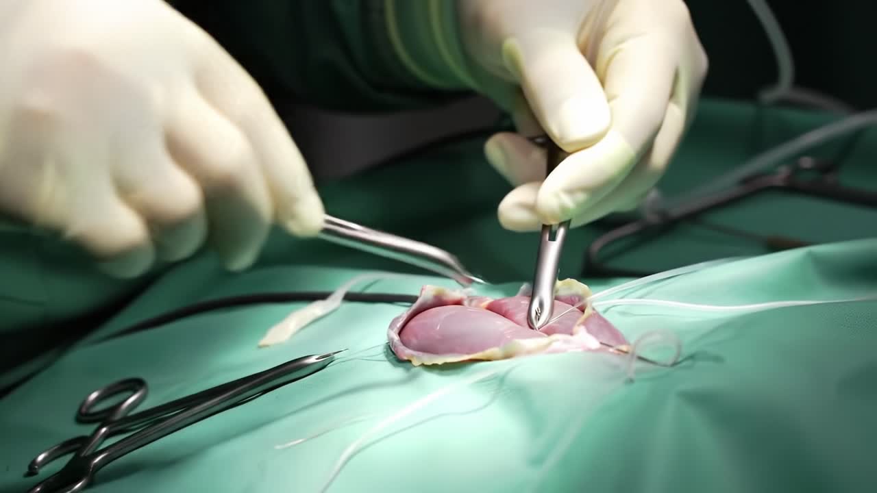 Surgeons in a clinical setting perform an intricate procedure involving direct manipulation of an organ. Focusing on detail and technique, they ensure patient safety and care.