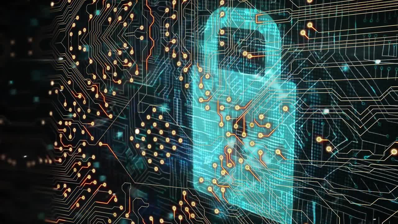 Animation of data processing over dark background