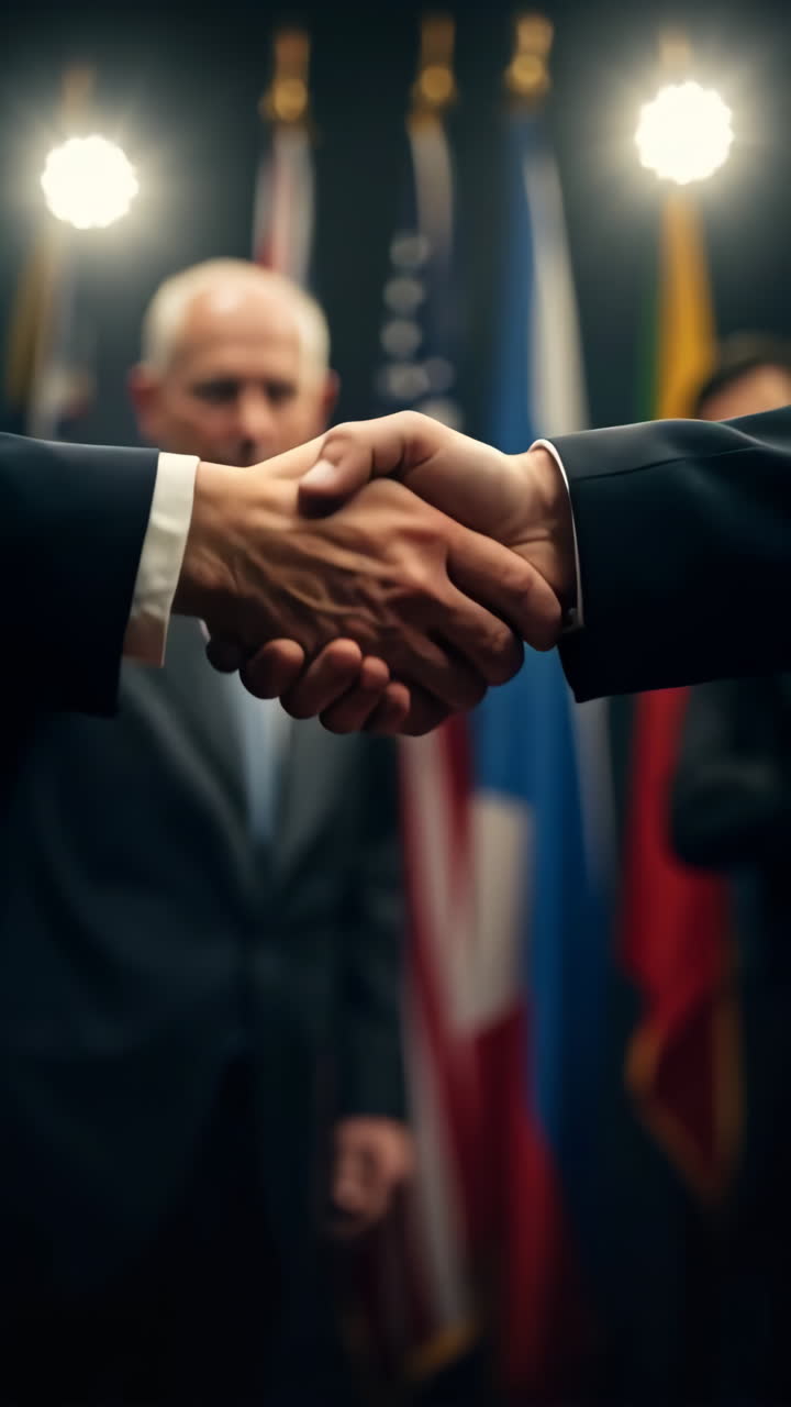 Close-up of a Handshake in a Formal Setting with Flags