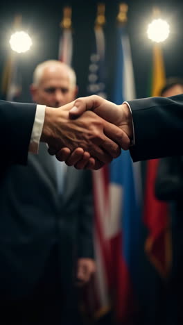 close-up of a handshake in a formal setting with flags