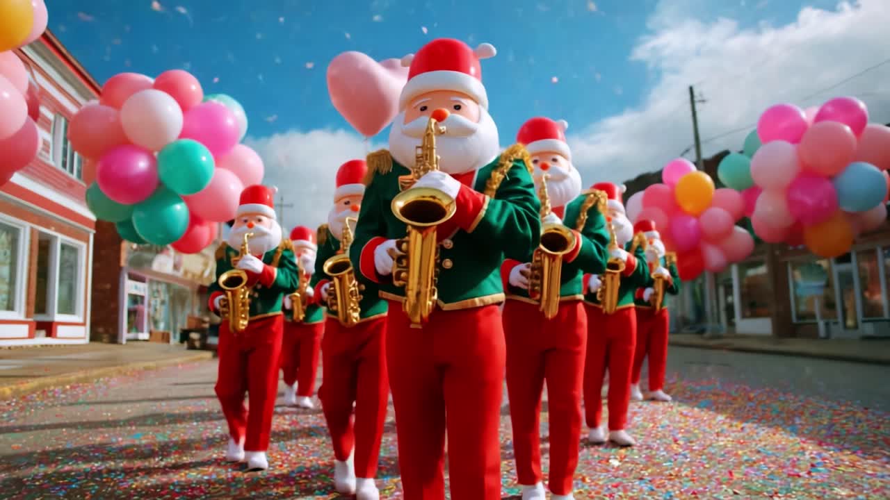 A Festive Parade of Joyful Santa Musicians in Colorful Costumes Playing Saxophones Amidst a Sea of Balloons and Confetti, Celebrating the Cheerful Spirit of the Holiday Season