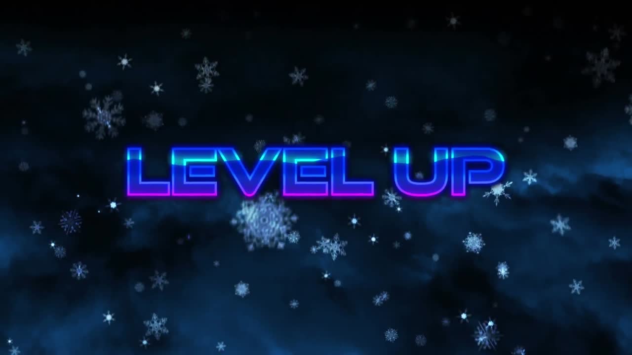 검은 바탕에 떨어지는 눈송이에 대한 레벨 업 텍스트의 디지털 애니메이션
