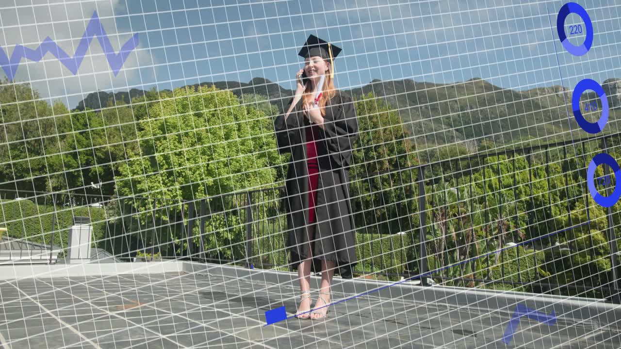 Grad stepping onto deck, holding diploma, phone, calling family to share, education charts floating