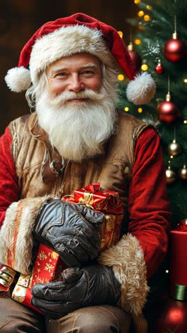 cheerful santa with gifts by the christmas tree