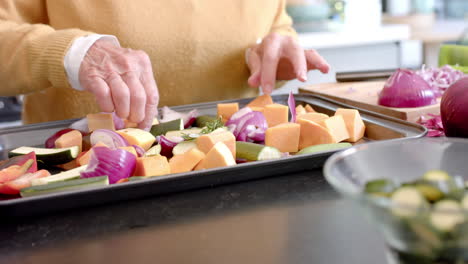 midsection of senior caucasian woman cooking dinner in kitchen at home, slow motion