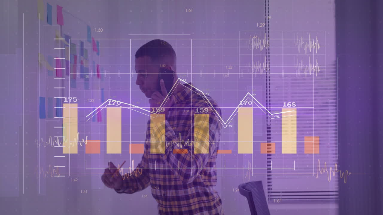 Businessman on phone with financial graph animation overlay in office setting