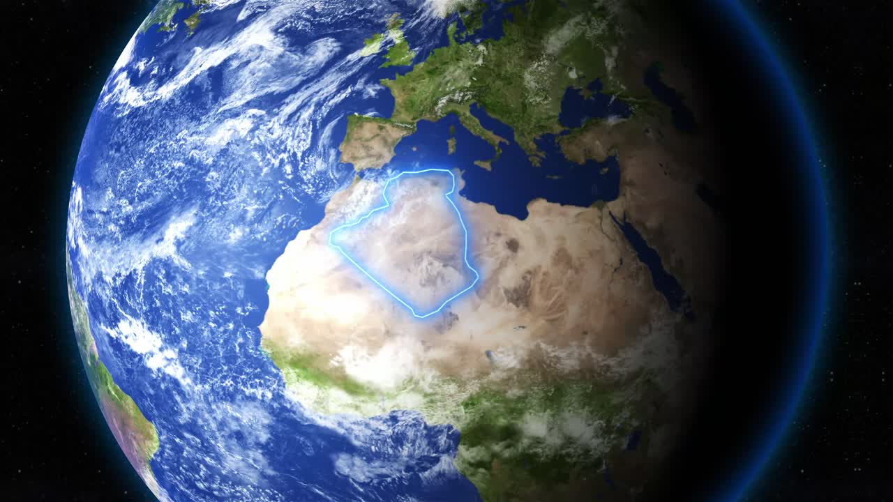 Algeria In North Africa Highlighted In Blue Outline In The Space. - graphics