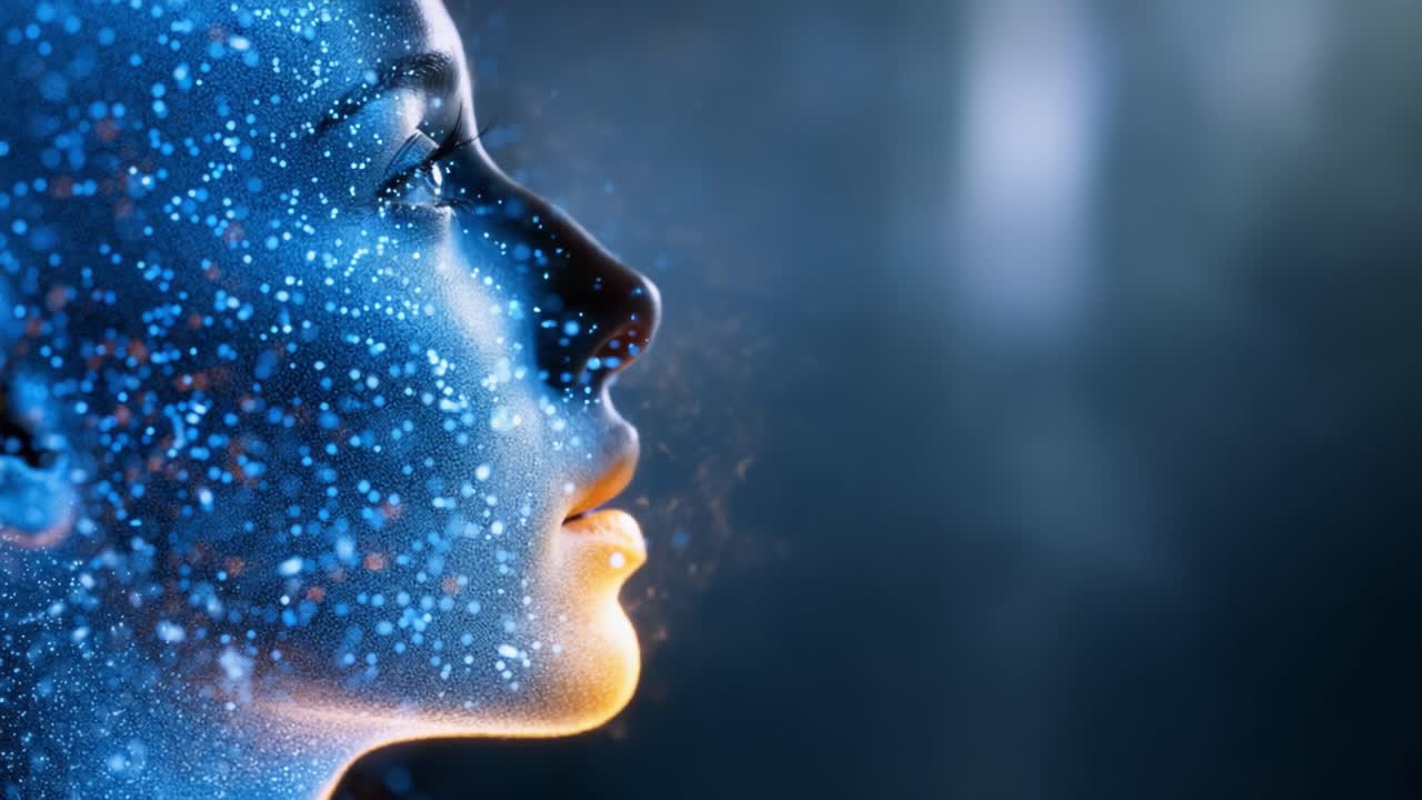Ritratto digitale accattivante: bagliore etereo e particelle scintillanti che circondano un profilo sereno su uno sfondo mistico, che mostra la fusione tra tecnologia e bellezza