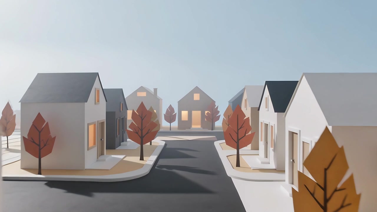 Animasjon starter, kamera dollyer fremover ned en forstads-papirklipp-gate for å ramme inn et opplyst hus.
