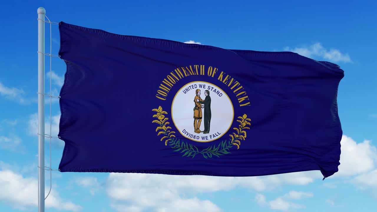 Bandera de Kentucky en un mástil ondeando al viento, fondo de cielo azul. 4K