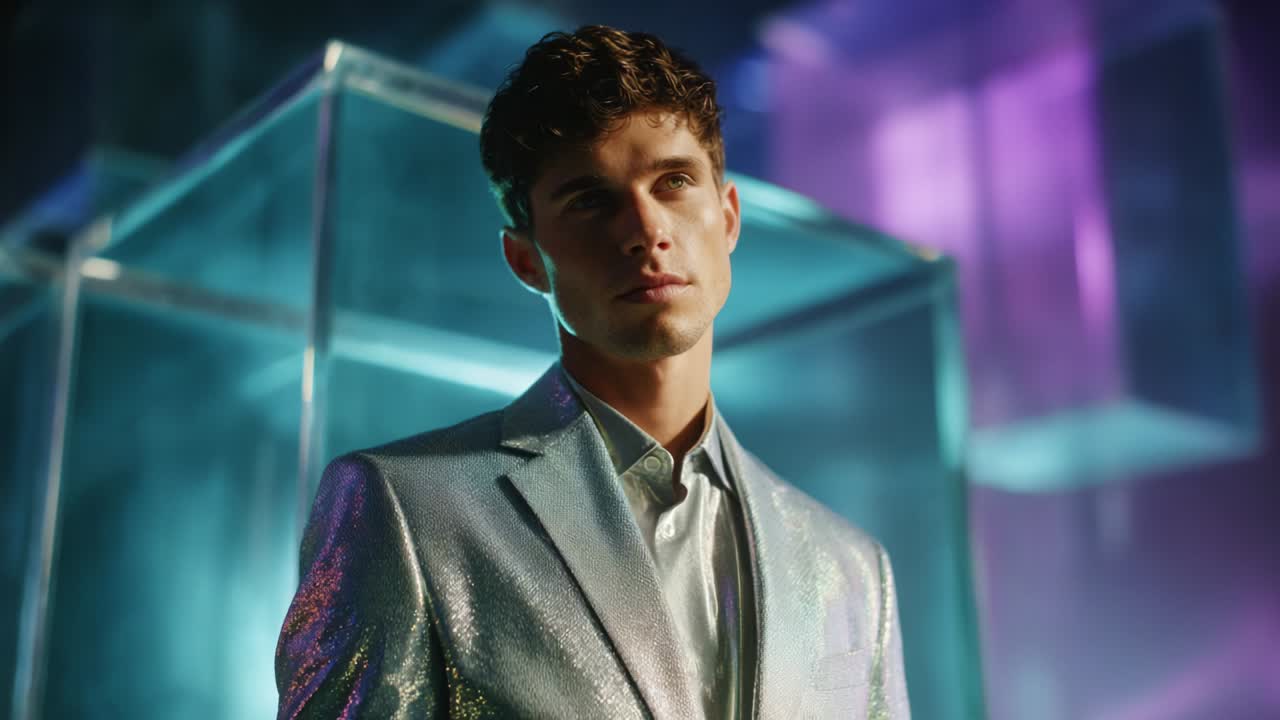 A Stylish Man in a Shimmering Silver Suit Poses Confidently Against a Captivating Colorful Background of Geometric Shapes, Evoking Modern Elegance and Sophistication in Contemporary Fashion